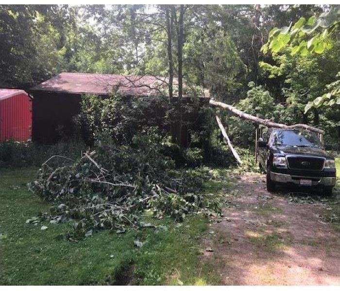 tree fallen on pole barn and truck